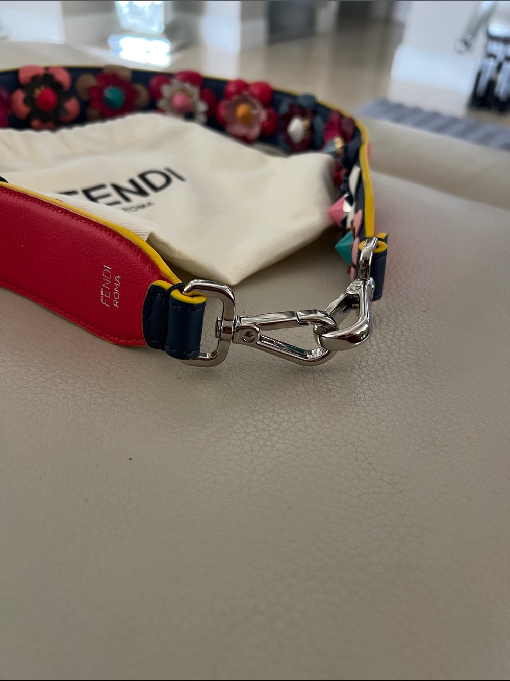 Fendi Floral Multicolor Leather Bag Strap with Silver Hardware